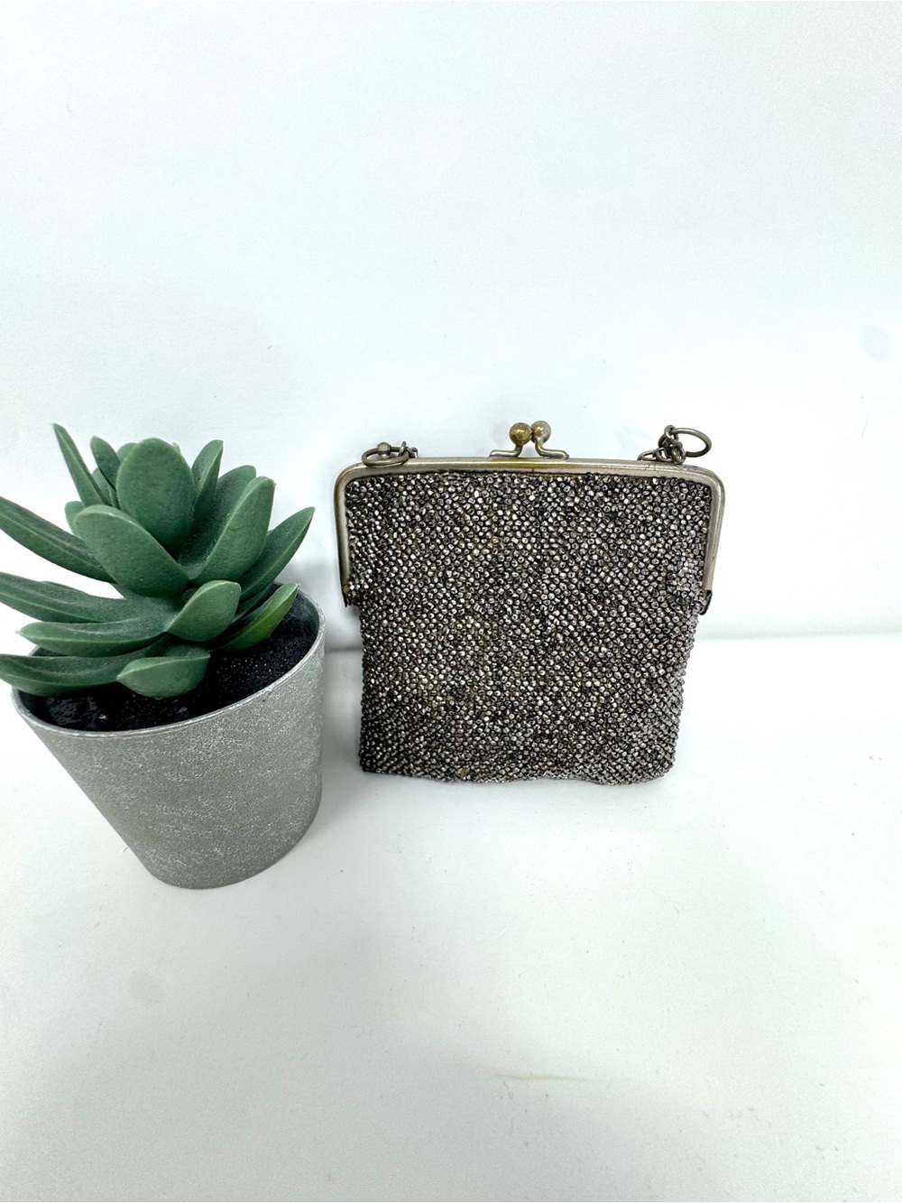 Victorian Metallic Micro Beaded Chatelaine Waist Bag & Hook - Rare Collectible